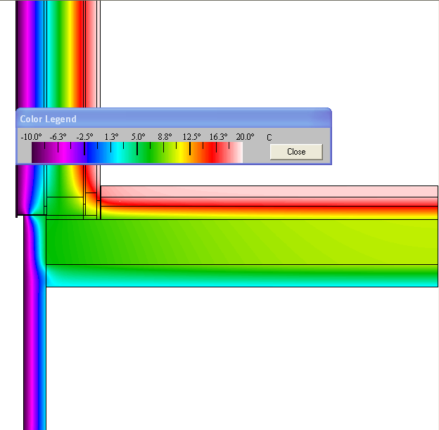 Temperaturfeld eines Außenwand-Bodenplatte-Anschlusses in Holztafelbauweise, Stationäre Berechnung (2D) mit Therm